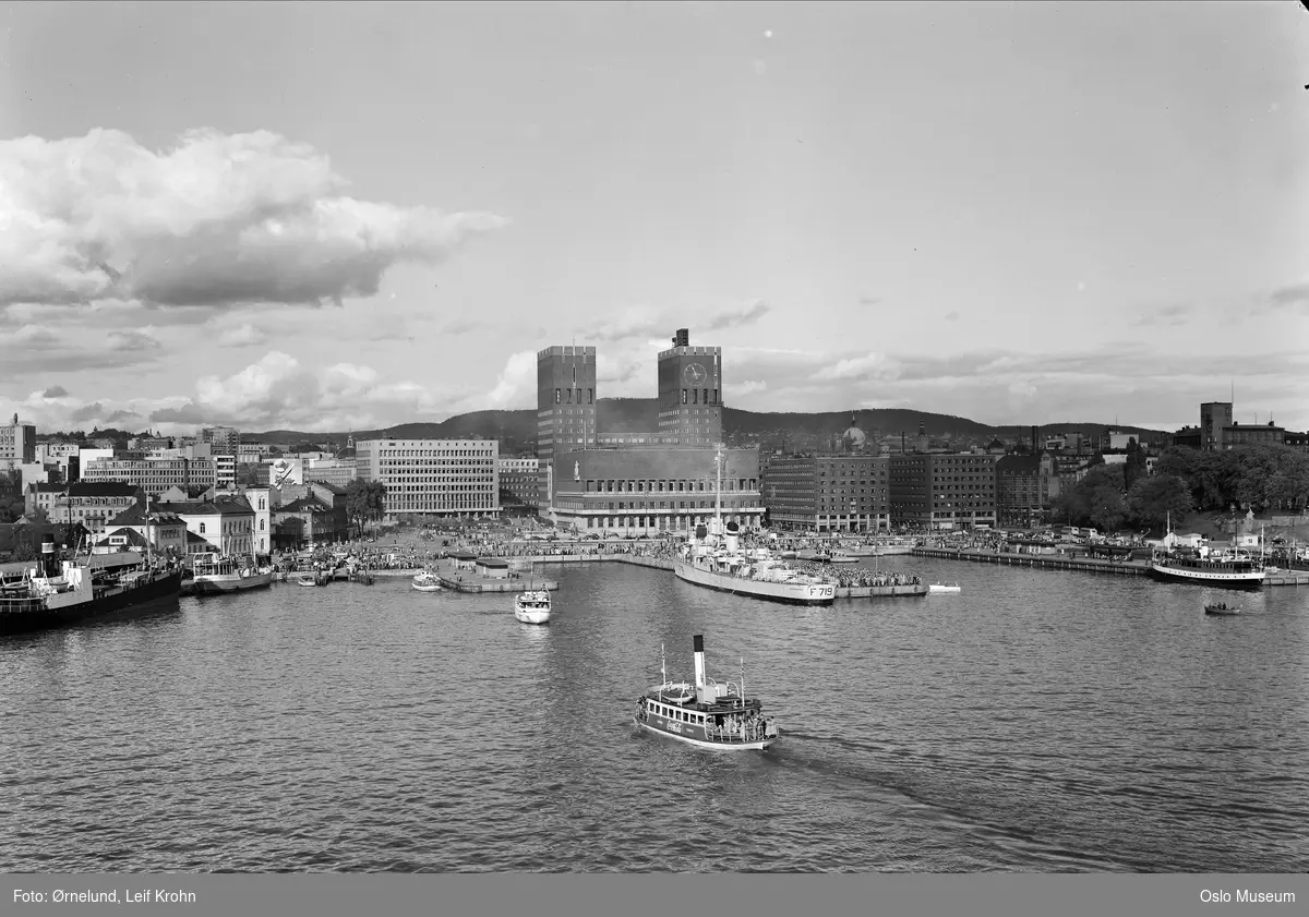 utsikt, fjord, havn, båter, Rådhuset, kontorbygninger, Vestbanestasjonen