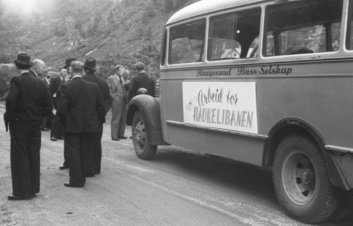 Bussen med plakat på siden med teksten : "Arbeid for Haukelibanen".