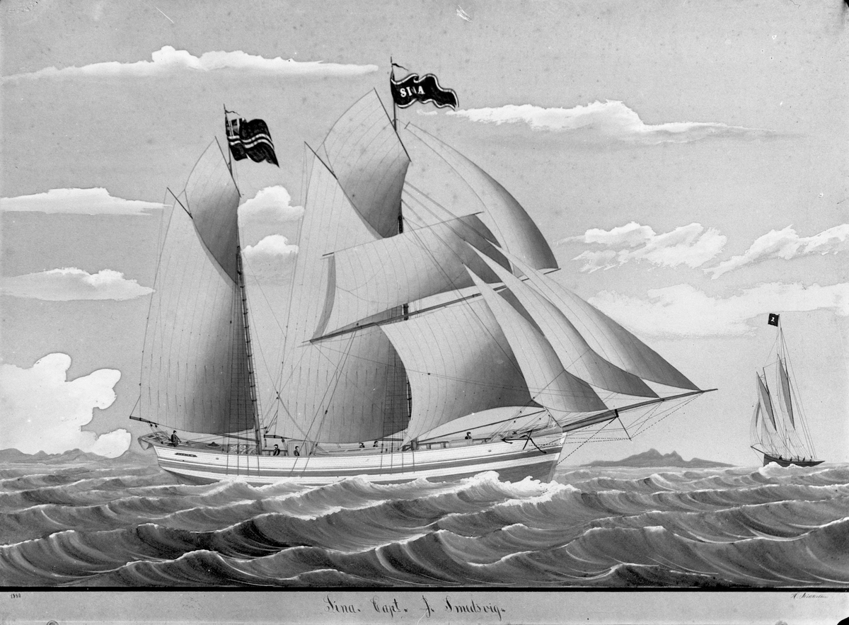 Avfotografert maleri av galeasen "Sina" i god fart. Bak til høyre kommer et annet seilskip.