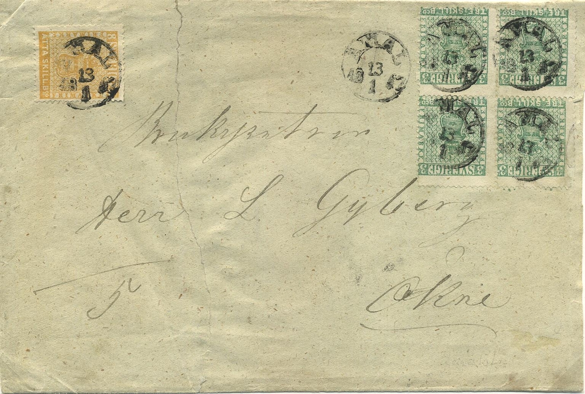 Brev skickat till brukspatron Herr L Gyberg i Ökne från Åmål den 13 januari 1856. Det är frankerat med fyra stycken 3 skilling banco frimärken samt ett 8 skilling banco frimärke med en notering "5" i vänstra hörnet.