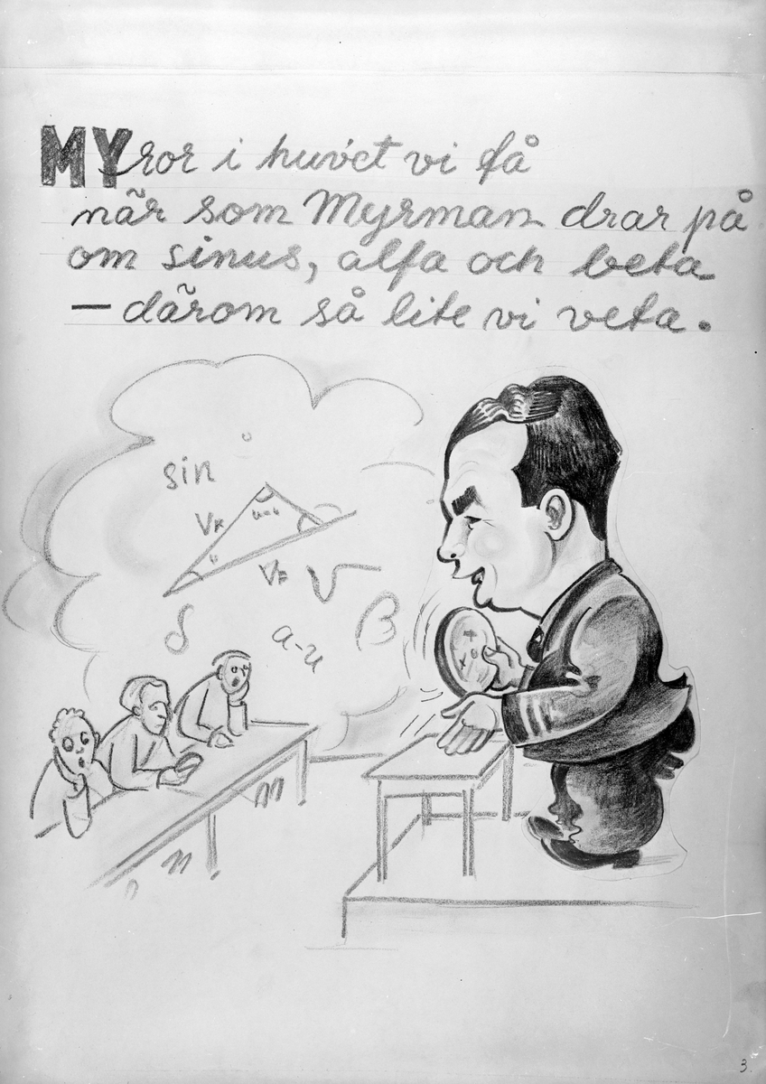 Karikatyrbild av militär Myrman ur flygvapnet, 1930-tal.  Märkt 'MY'.  Avfotograferad teckning.