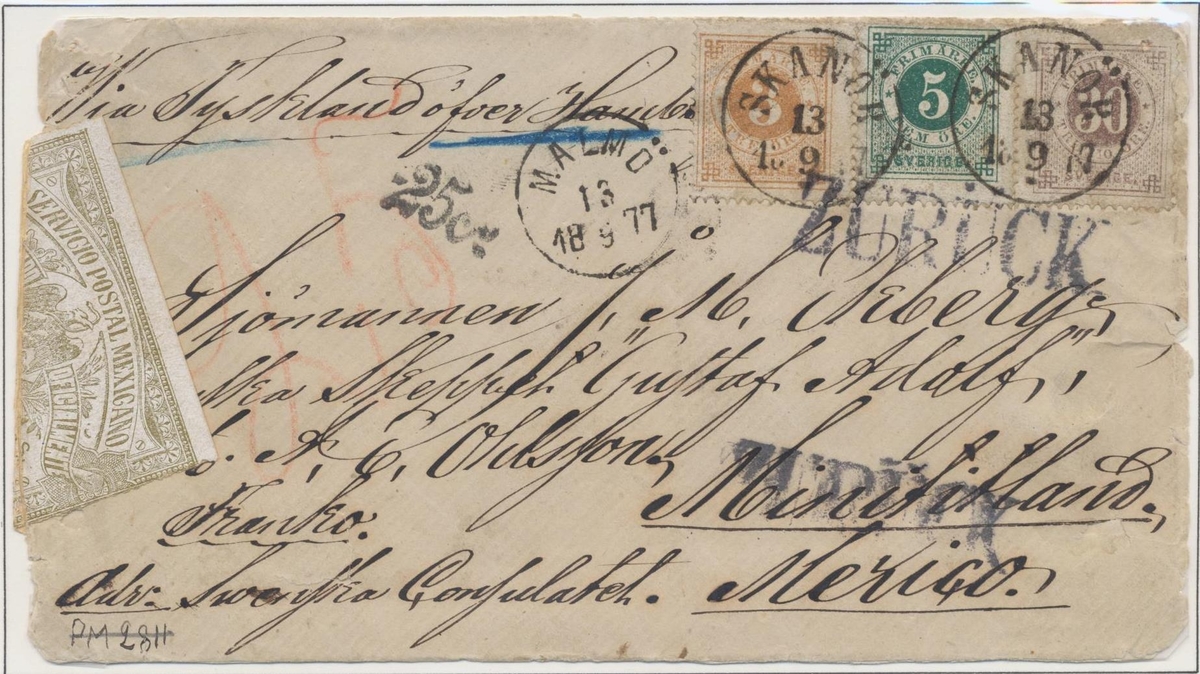Brev frankerat med 3, 5 och 30 öre ringtyp skickat från Skanör till Mexiko 13/9 1877.

Brevet kom ej fram till mottageren 1877 utan nådde denne först 1907 (31 år senare) då denne var bosatt i Skanör.