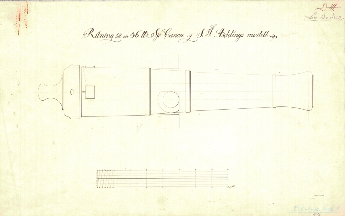 Ritning till en 36 pundig sjökanon av C.F. Aschlings modell