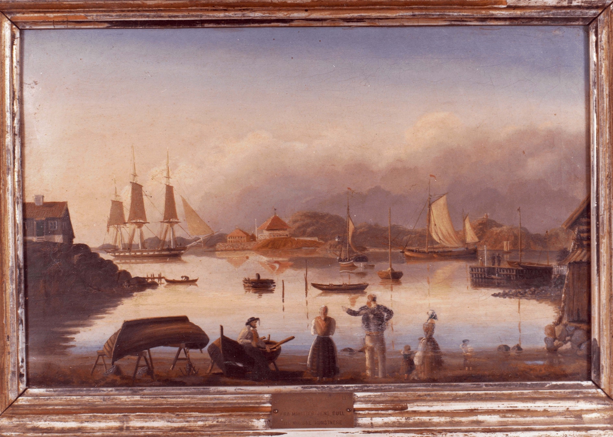 Motiv: Foto av maleri: Orlogsmann i Øst-innløpet Stavern ca 1850 = Ingen personer/båter i forgrunnen.