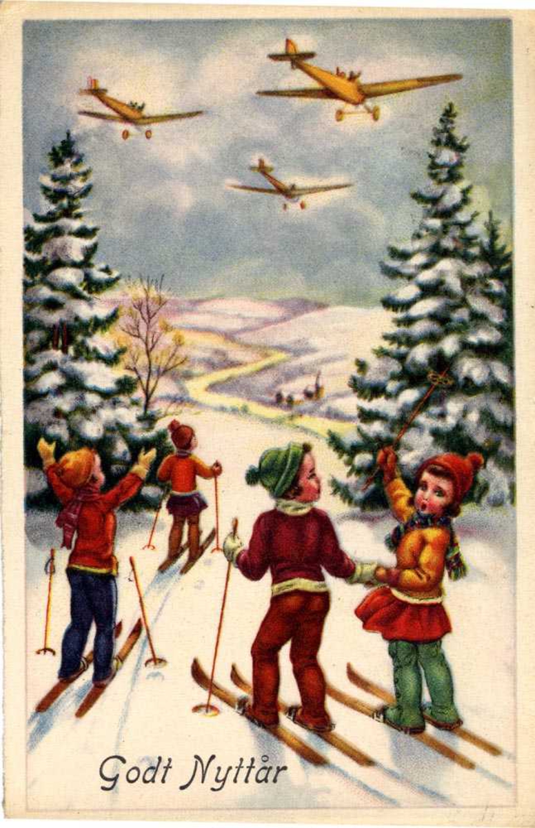 Prospetkort. Fire barn på ski i en skog. De ser på tre fly i luften. Nederst står det "Godt Nyttår".