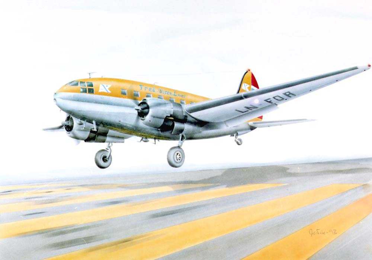 Tegning av et fly som tar av, Curtiss C-46R fra Fred Olsen Lines ...