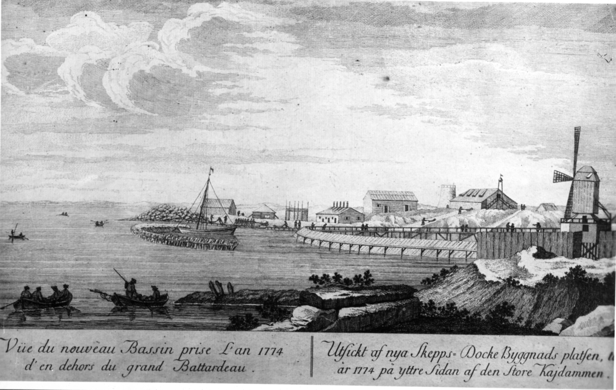 Utsikt av nya skepp och dockebyggnadsplatsen i Carlskrona år 1774 på yttre sidan av den stora kajdammen. Reproduktion