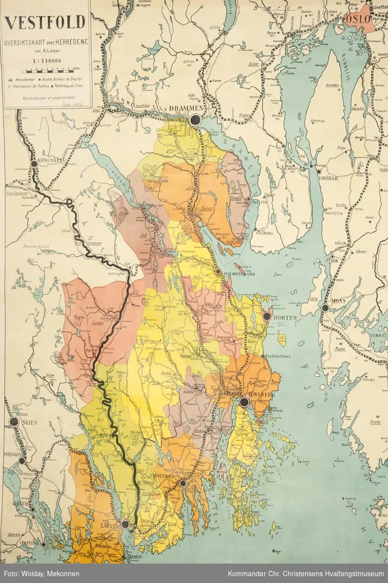 Vestfold, oversiktskart over herredene 1930.