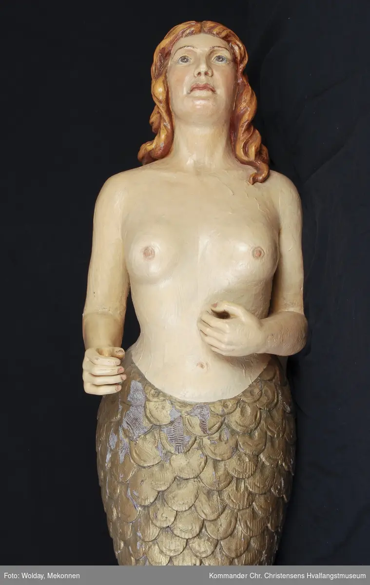 Havfrue. Kvinnefigur med bar overkropp, fiskehale (delvis synlig).