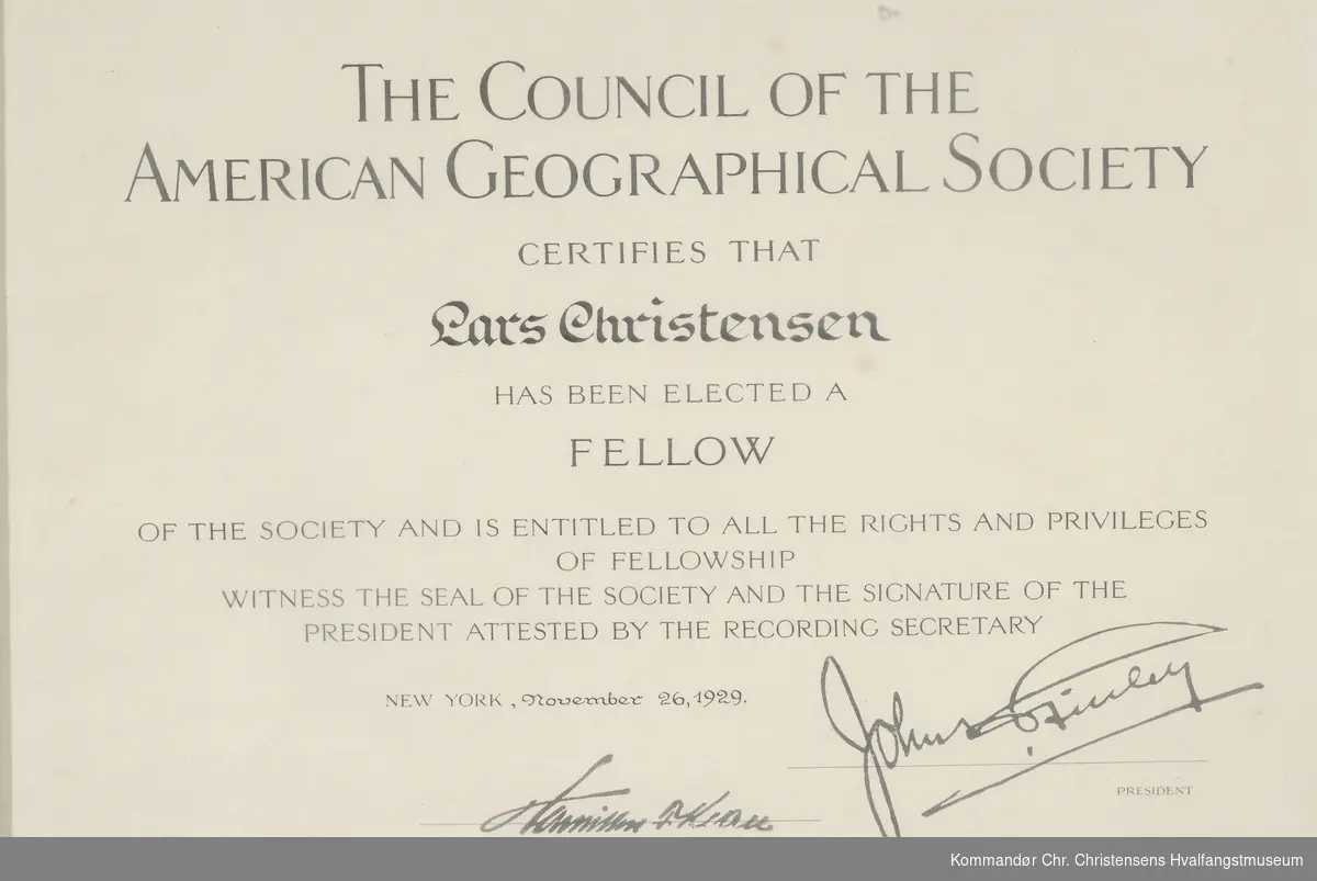 Certifikat Am. Grogr. Soc. til L.C.26/11-1929