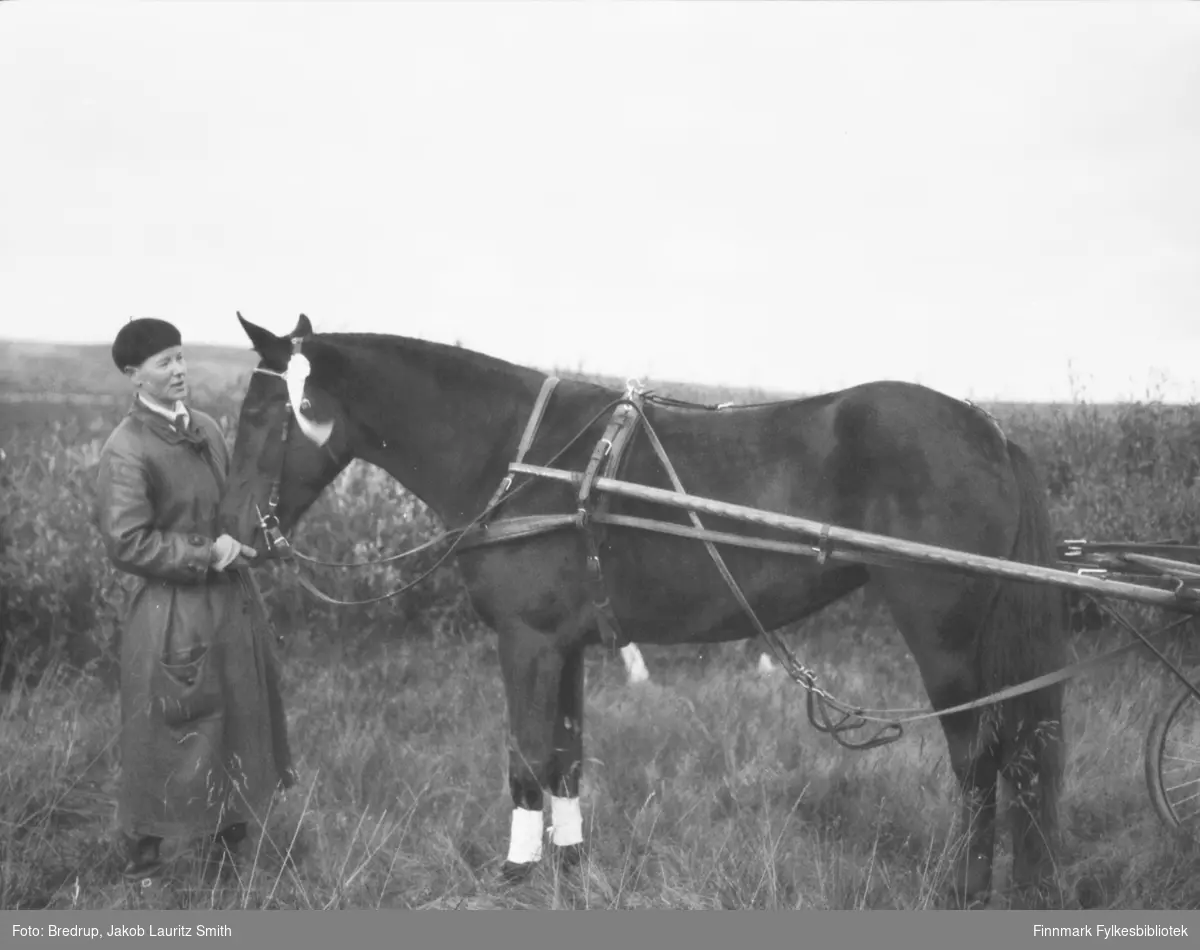 En ung kvinne i lang frakk og alpelue holder en hest forspent en sulky.  Dette er distriktslege Sigrid Skaar fra Tana med hesten 'Veslemona'.  Bildet er fra travløp i Vadsø i 1933, hvor 'Veslemona' vant sin klasse.  'Veslemona' var avkom etter fullblodshesten 'Bravo II' til kjøpmann Ole Nilsen fra Vadsø.
