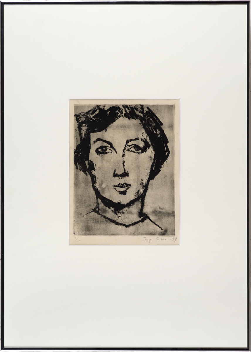 Rektangulært grafisk trykk, portrett av et kvinnehode.
