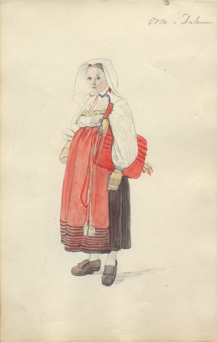 Akvarell. "Orsa i Dalarna" Kvinna   i dräkt, stående i helfigur . Ur Skissbok av A. J.G. Virgin
