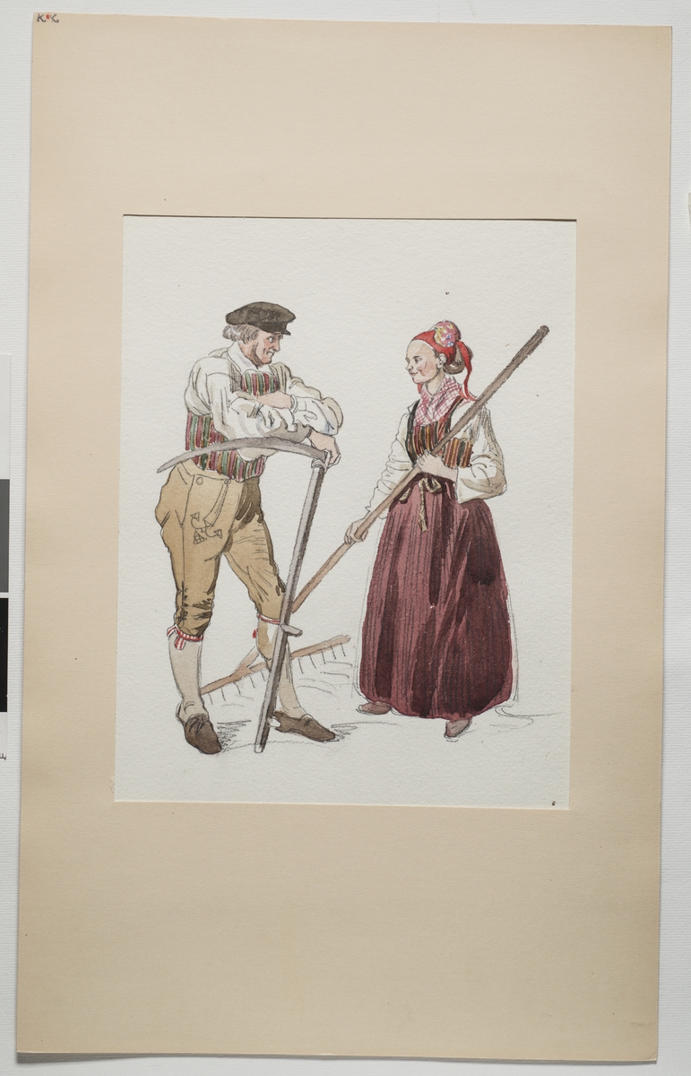 Akvarellerad teckning av kvinna och man med lie och kratta. Kopia av J Wallander, ur skissblock 6/1888, Nationalmuséet Stockholm. Stora Mellösa, Närke.