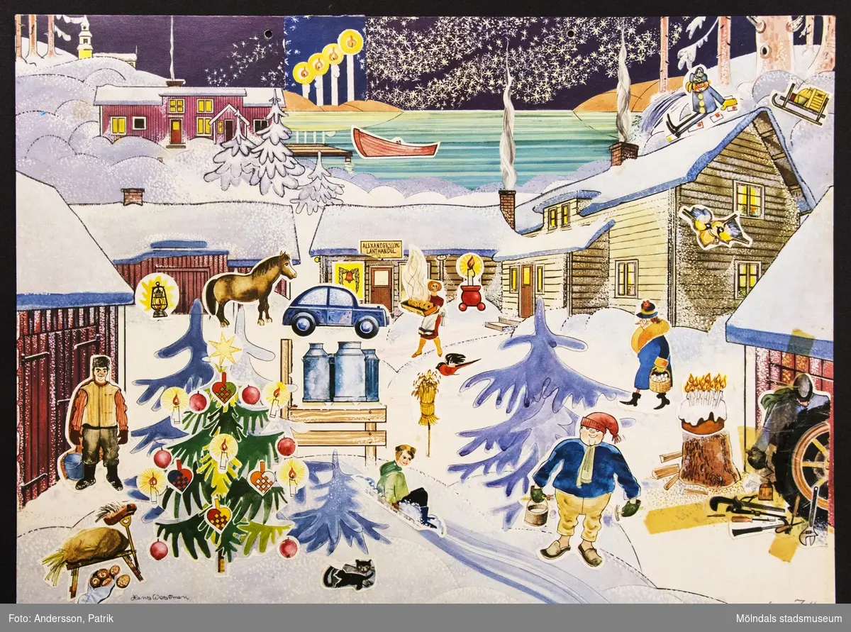 Sveriges Televisions julkalender: Rulle på Rullseröd, som sändes på SVT mellan den 1 - 24 december 1974. Detta året hade hade SVT:s julkalender inte några luckor att öppna. Istället fick man klistra en bild på en särskild plats. Motivet på kalendern är tecknat av Hans Westman.
I övre kanten på kalendern finns två hål för upphängning.