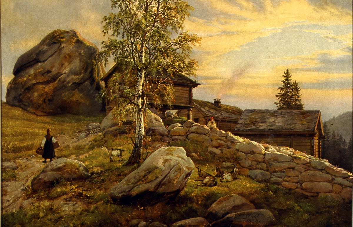 Reproduksjon på lerret av J. C. Dahls maleri "Gård i Ytre korken, Sogn" (i Lillehammer Kunstmuseums samling). Innrammet
