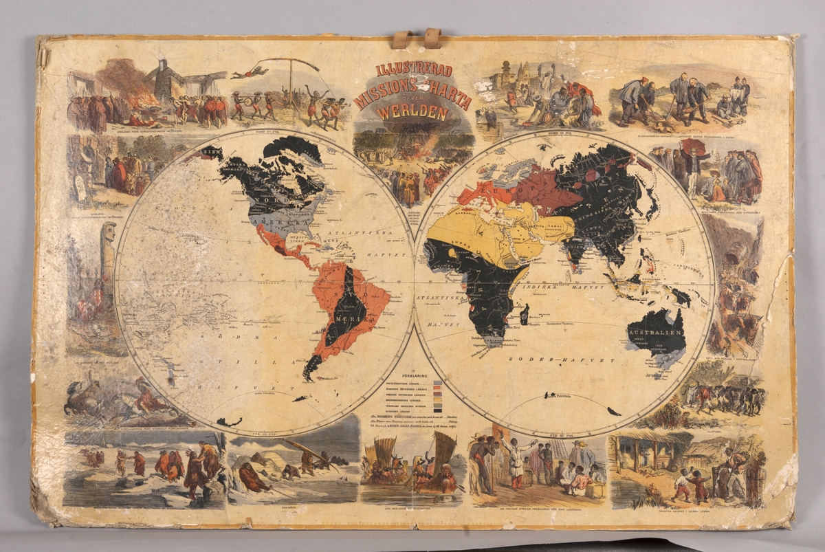 Illustrerad missionskarta över världen bestående av två världskartor samt illustrationer över missionsverksamhet i världen. Text på kartan: "Illustrerad missions charta öfver werlden" samt "Evang. Fosterlands Stiftelsens Förlags Expedition". Två hål samt upphängningsband av skinn. Pappersetikett på baksidan skriven med bläck: "Vendels skoldistrikt".