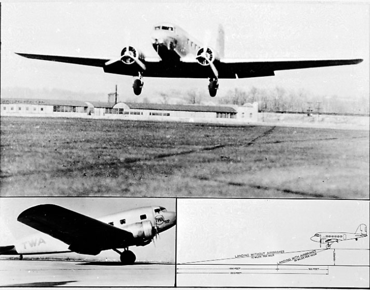 1 fly i 3 forskjellige possisjoner. Luftfoto - bakkefoto og skisse. Douglas DC-2.