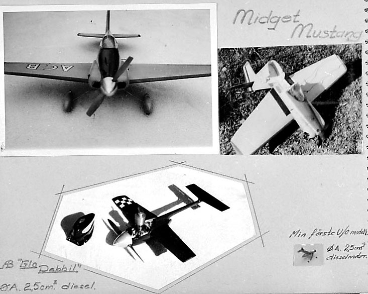 Fra album. 4 foto av modellfly på en benk e.l. 1 av flyene ligger krasjet på bakken. 