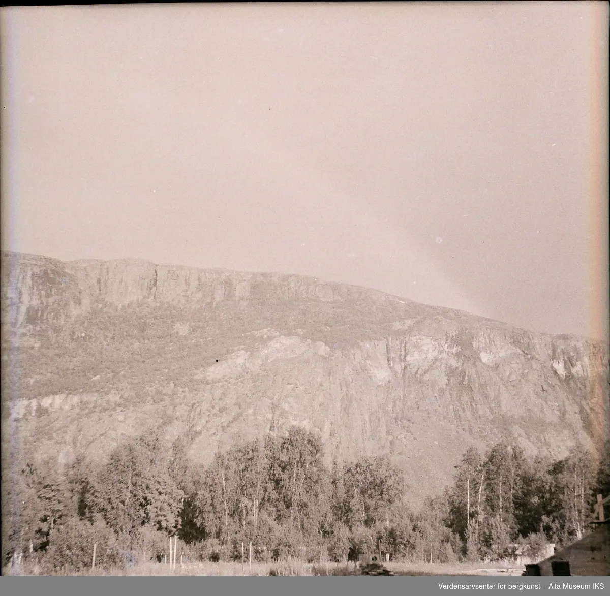 Landskapsbilde fra Jøraholmen. Skog med fjell i bakgrunnen.
Bildet er tatt mellom 1930 og 1950.