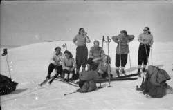 En gjeng med skigåere tar seg en pause på fjellet.
Roar, to 
