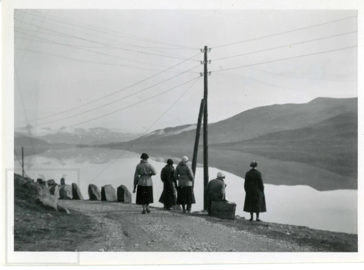 Gruppe med fem kvinner ved en vei med kabbesteiner. Utsikt mot fjord og fjell.