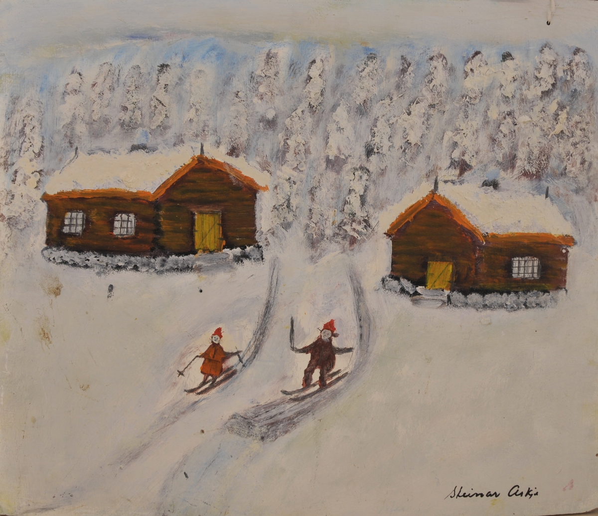 Vinterlandskap, to tømmerhus, to personar som renner på ski.