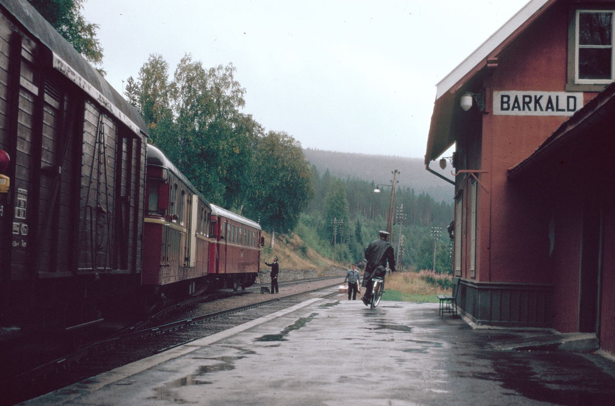 Persontog 372 (Røros - Hamar) på Barkald stasjon. Togekspeditøren har syklet inn fra innkjørsignalstedet. Toget skal krysse tog 301.