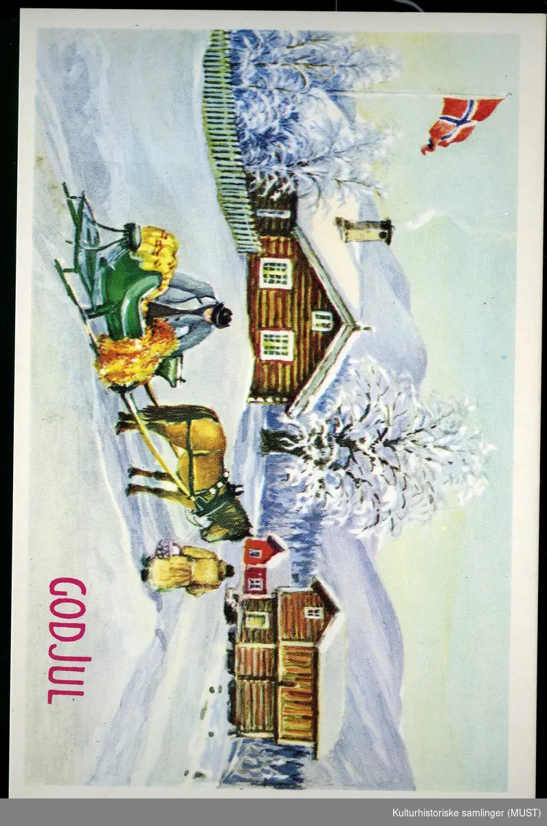 Jule og nyttårskort solgt fra Hustvedt.
Hestenog slede mot et noen hus. Norsk flagg.  
God jul
