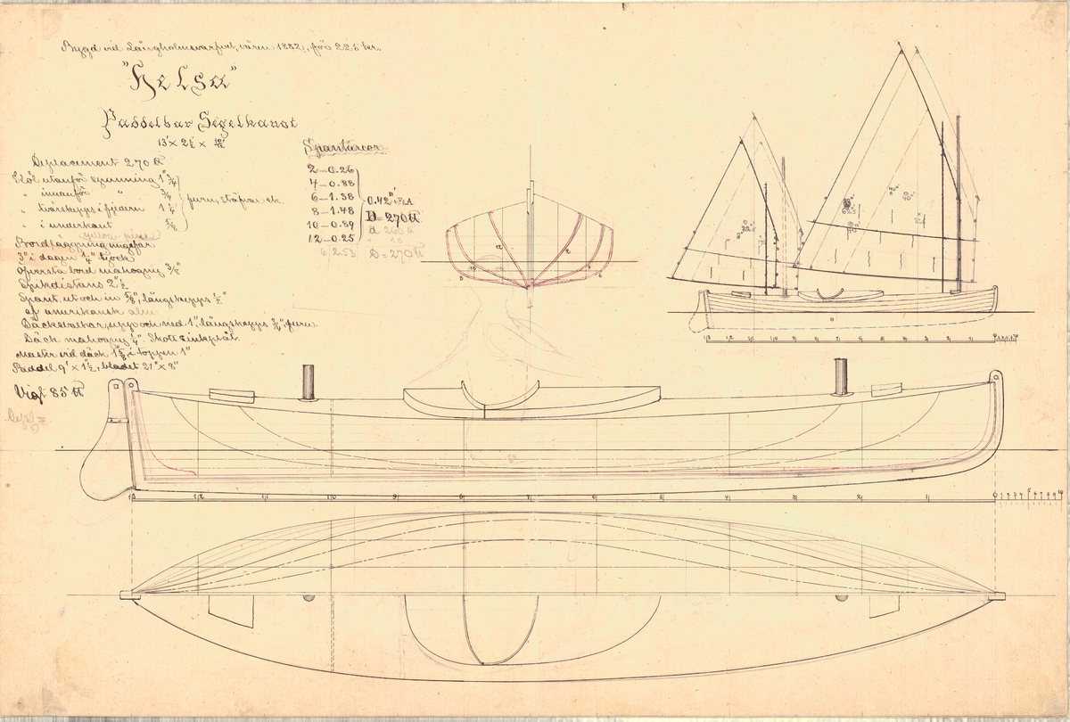 Tvåmastade paddelbara segelkanoten Helsa.
Linjeritning, spantruta, segelritning