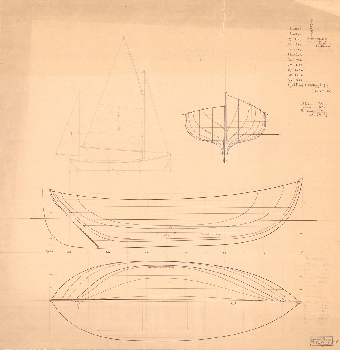 Tvåmastad segelbåt
Spantruta, rigg,- profil och linjeritning