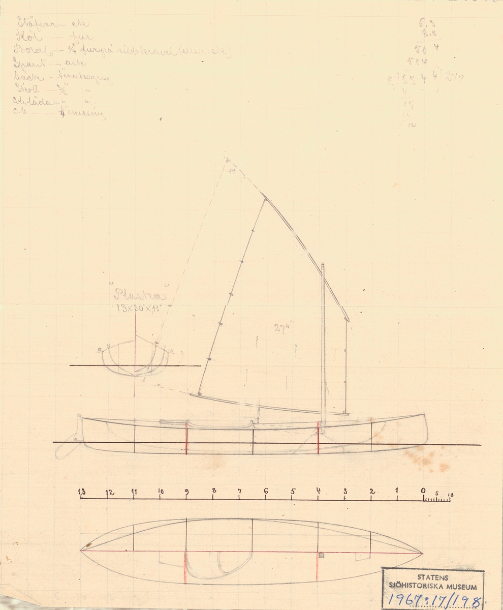 Segelkanot 1-m, centerbord
Spantruta, rigg och sektionsritningar
