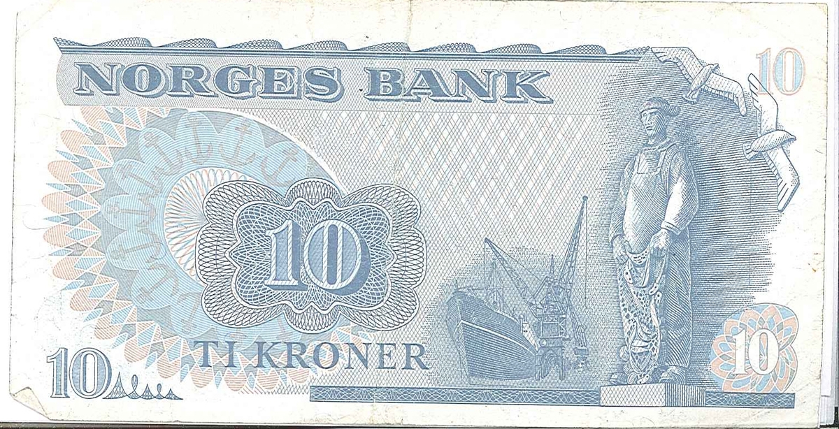 Blå og kvit pengeseddel. Ti norske kroner.