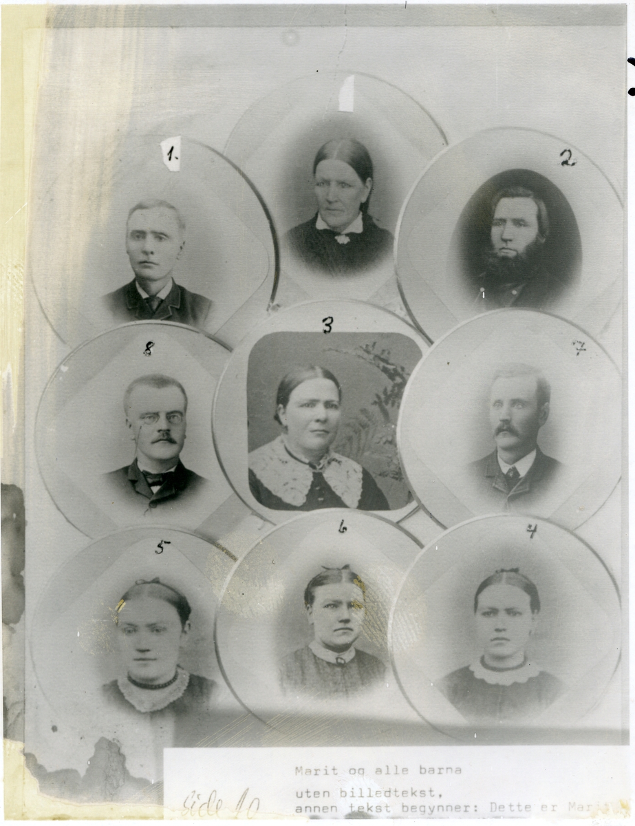 Numererte brystbilete av Marit Torsteinsdotter Kjøs (øverst i midten) og alle borna hennar.