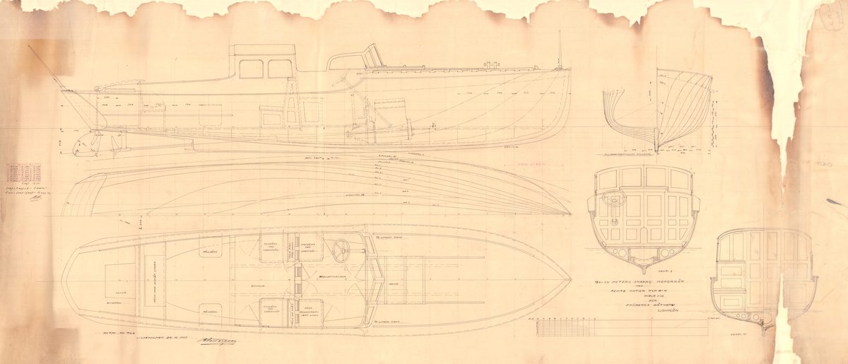 Snabbgående motorbåt.

Spantruta, linjeritning, inredningsritning i profil, plan och sektioner