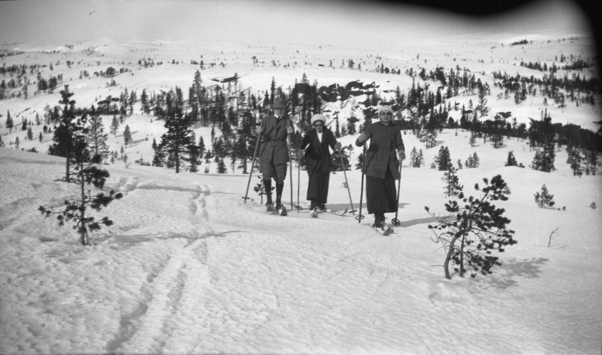 Fotoarkivet etter Gunnar Knudsen. To kvinner og en mann på skitur på fjellet fotografert.