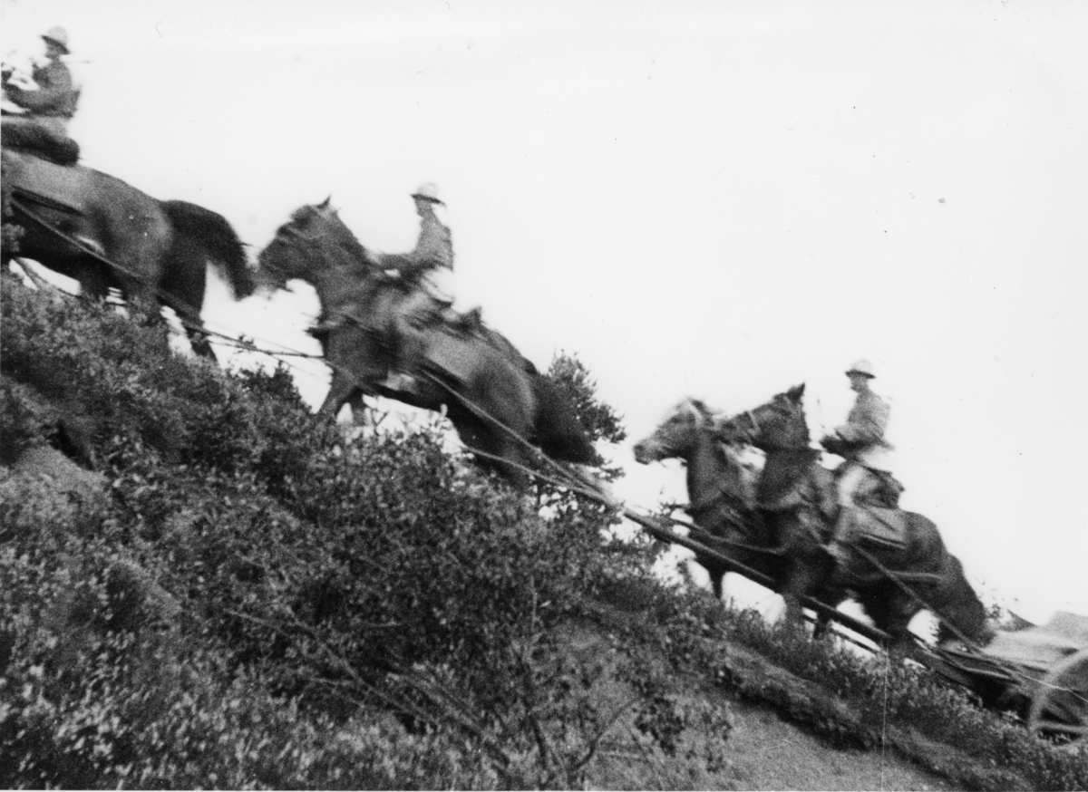 Hästanspännt ekipage uppför en slänt.