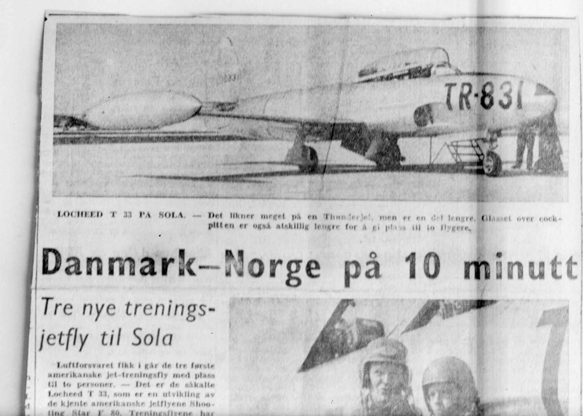 Tre avisutklipp fra Rogaland Aftenblad april 1953.
Jetflyging  Sola - Danmark.