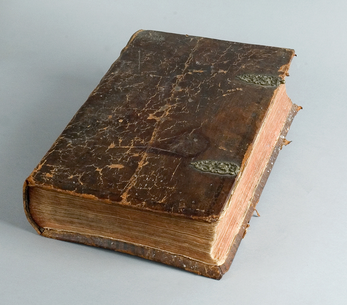 Bibel tryckt på papper (Karl XII:s). Skinnband med pressad dekor och text "Biblia" på ryggen. Två metallbeslag för att knäppa igen bibeln.