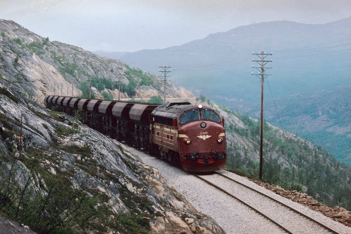 Pukktog med NSB dieselelektrisk lokomotiv Di 3 628 ved Lønsdal i Saltdalen.