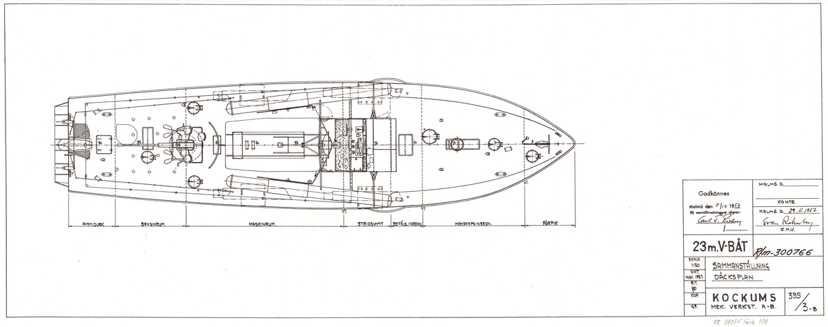 23 meters v-båt.
Sammanställningsritning sidovy,däcksplan, sektion i fart, inredningsplan och sektioner