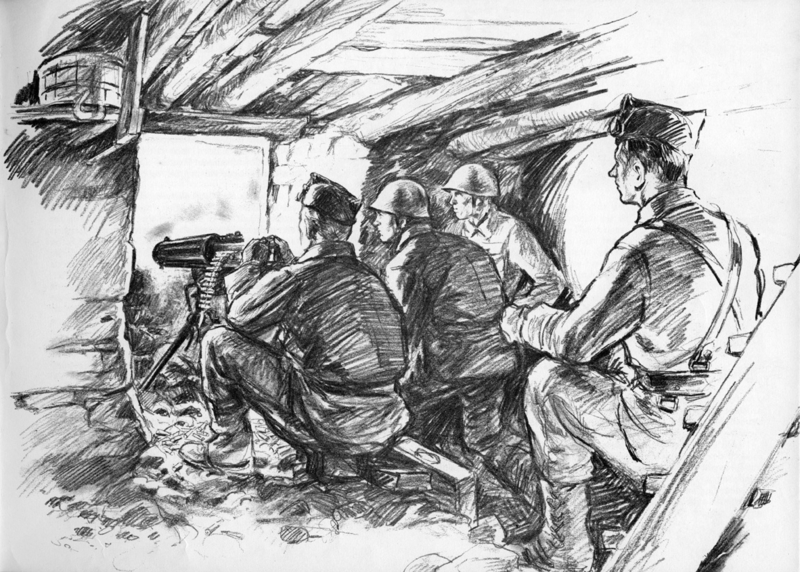 Sersjant Lidvard Kronen med sine karer i stilling på Øvre Kjos. Tegning Andreas Hauge