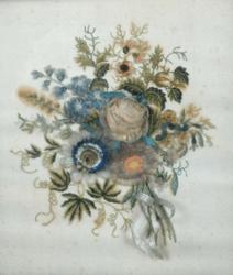 Broderi i glass og ramme på treplate