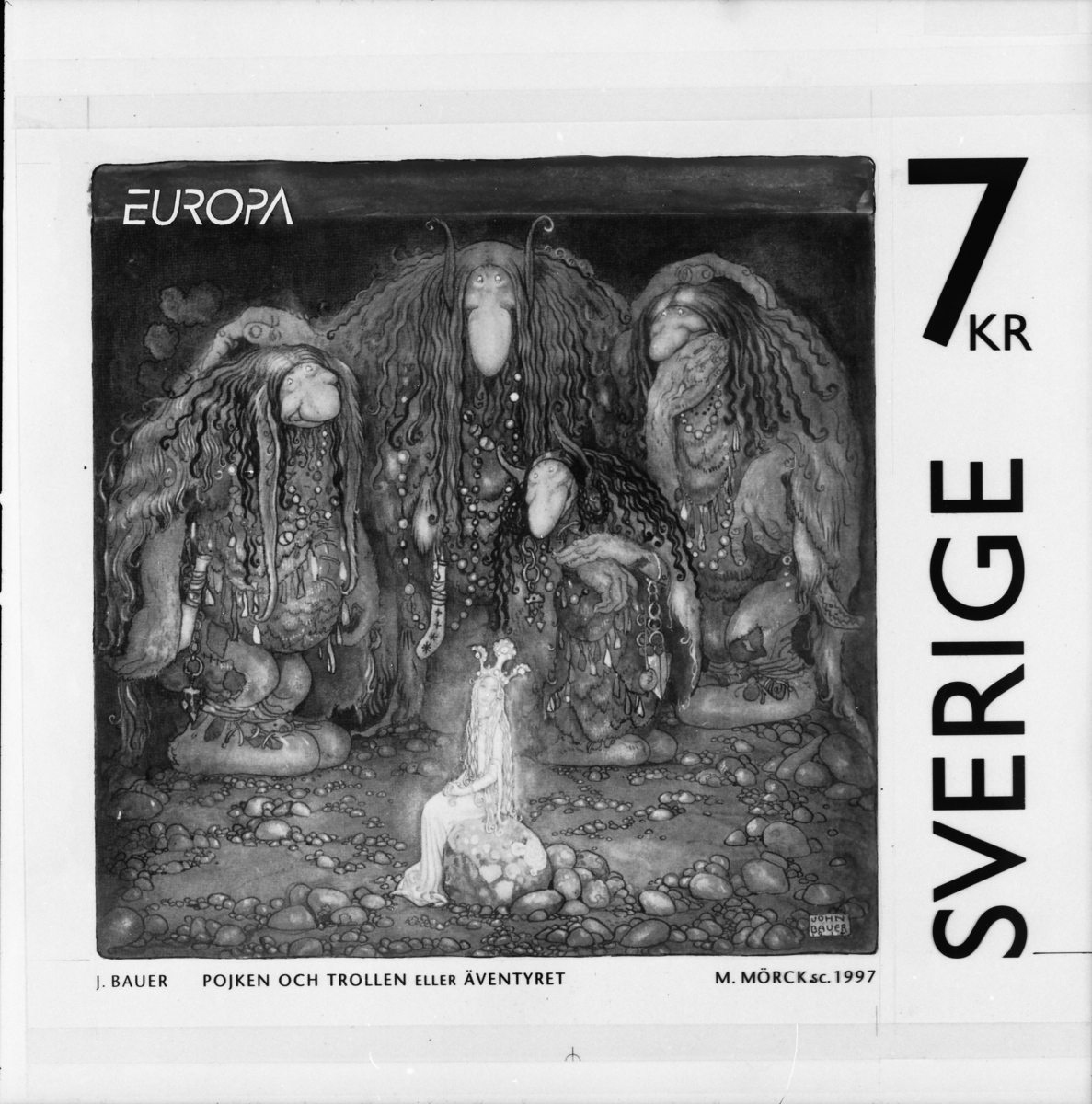 Original till frimärket "Pojken och trollen eller Äventyret" för frimärksutgåvan Europa XXVI. Sagor och legender: John Bauer, 
1997.