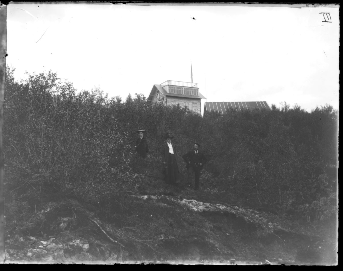 To kvinner og en mann står i skogen nedenfor et hus med altan på taket. En annen bygning står i vinkel på huset, som etter fotografens påskrift skal tilhøre Ellisif Wessel.  Kvinnene er kledd i kjole og hatt, mannen i dress.