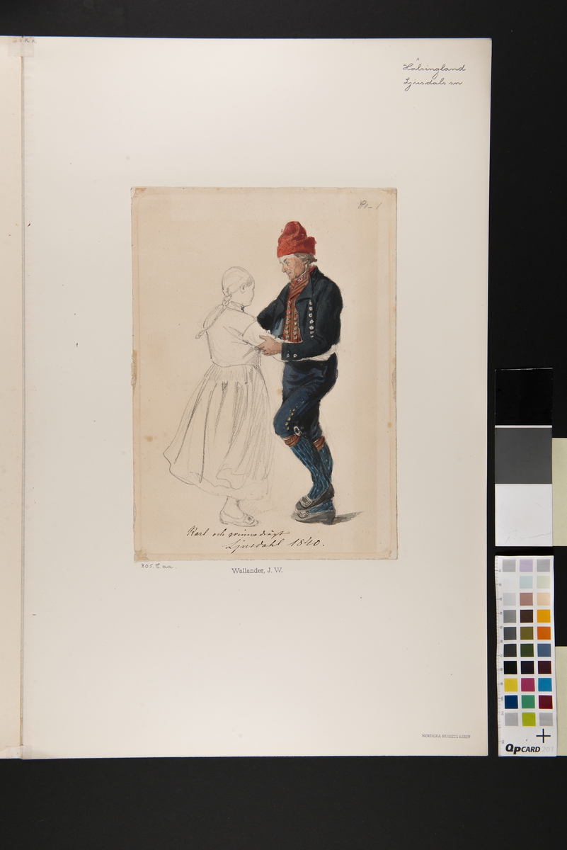 "Karl och qvinnodrägt, Ljusdahl 1840" Blyerstskissad kivnna och akvarellerad man som dansar. Akvarell av J.W Wallander.