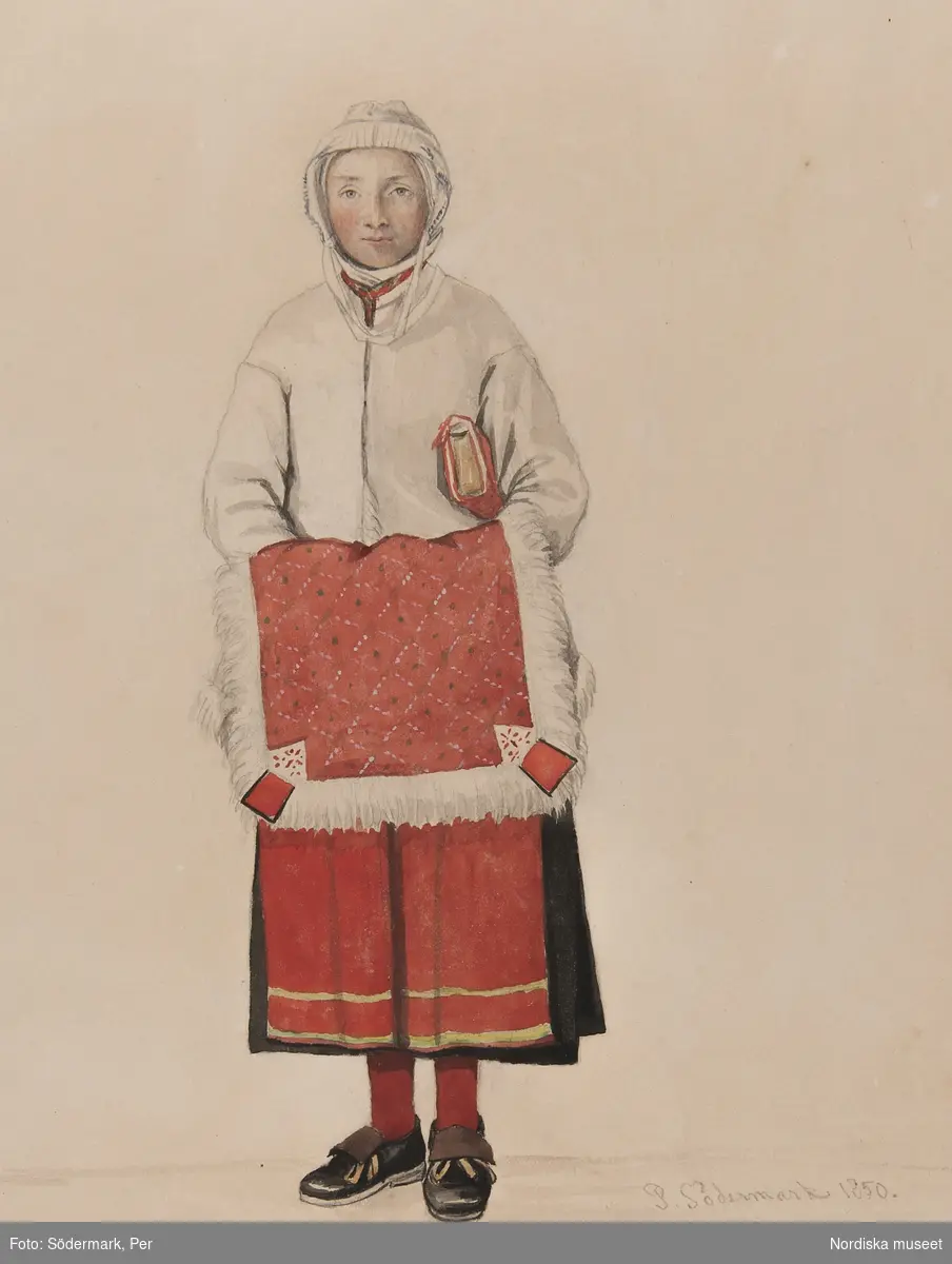 Kvinna med skinnfäll, Mora. Akvarell av P.Södermark.