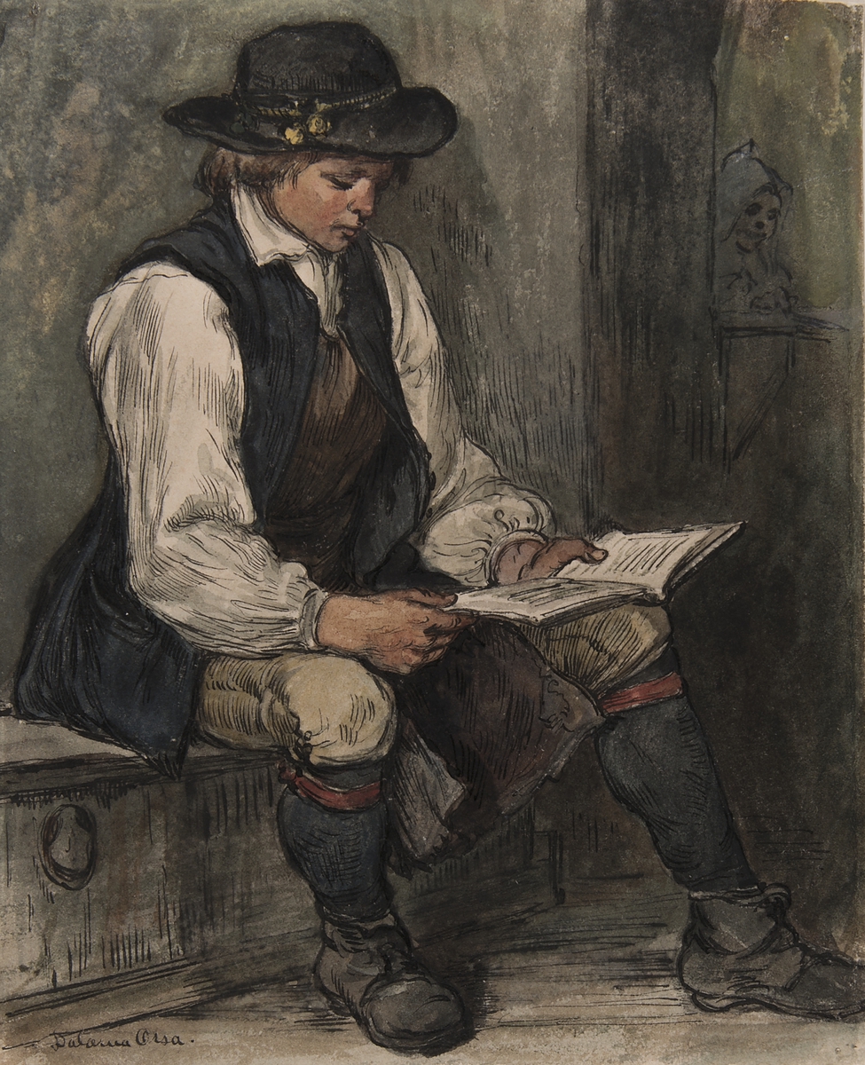 Pojke sitter och läser i en bok. C.G. Hellqvist