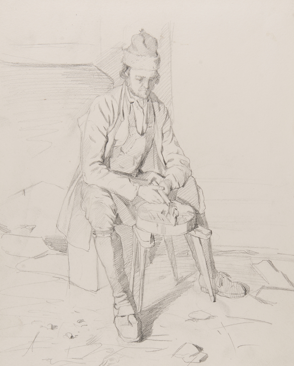 Blyertsteckning av  J. Kronberg. Sittande man i helfigur,med yxa  Orsa 24 juli 1867.