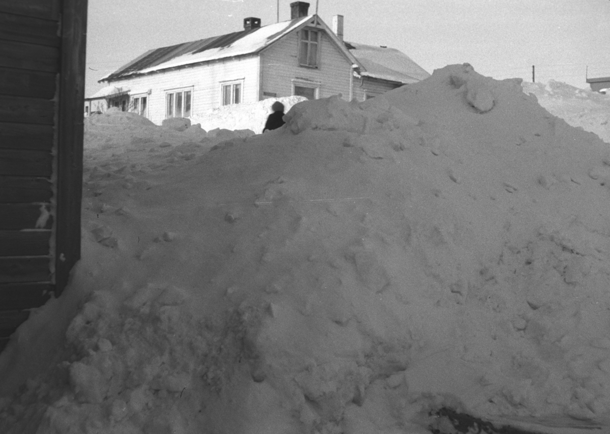 Mye snø rundt husene i Nyborgveien i Vadsø.
